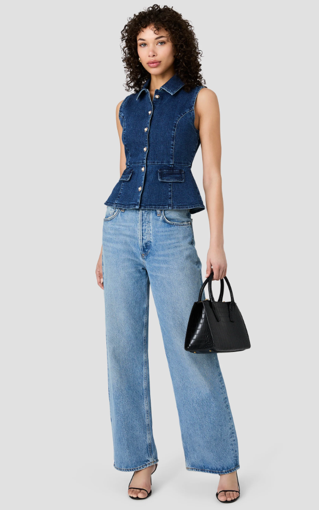 DELANCEY DENIM BUTTON FRONT PEPLUM TOP - INDIGO