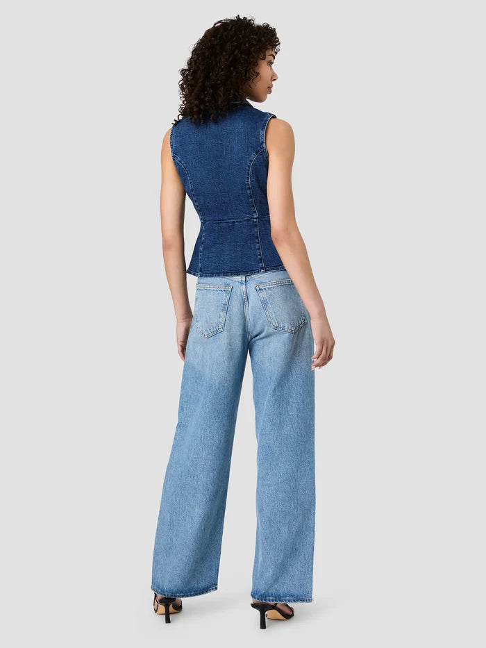 DELANCEY DENIM BUTTON FRONT PEPLUM TOP - INDIGO