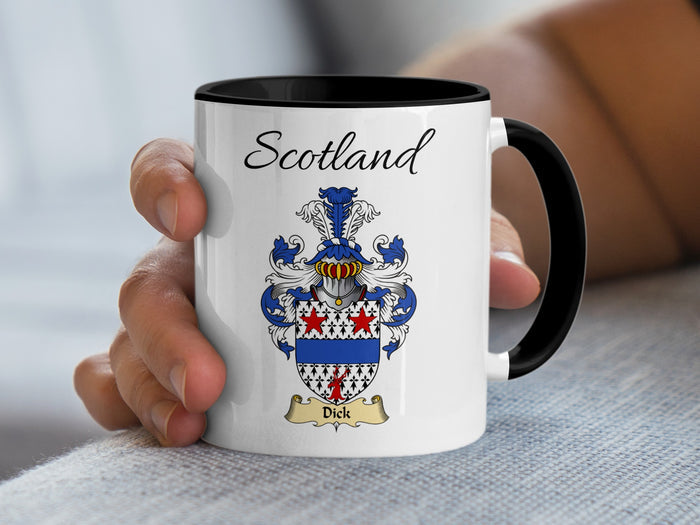 Dick Scottish family crest accent mug with Scotland above the coat of arms design