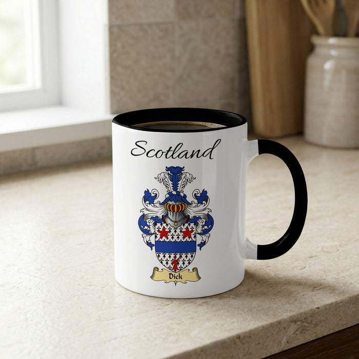 Dick Scottish family crest accent mug with Scotland lettering and coat of arms artwork