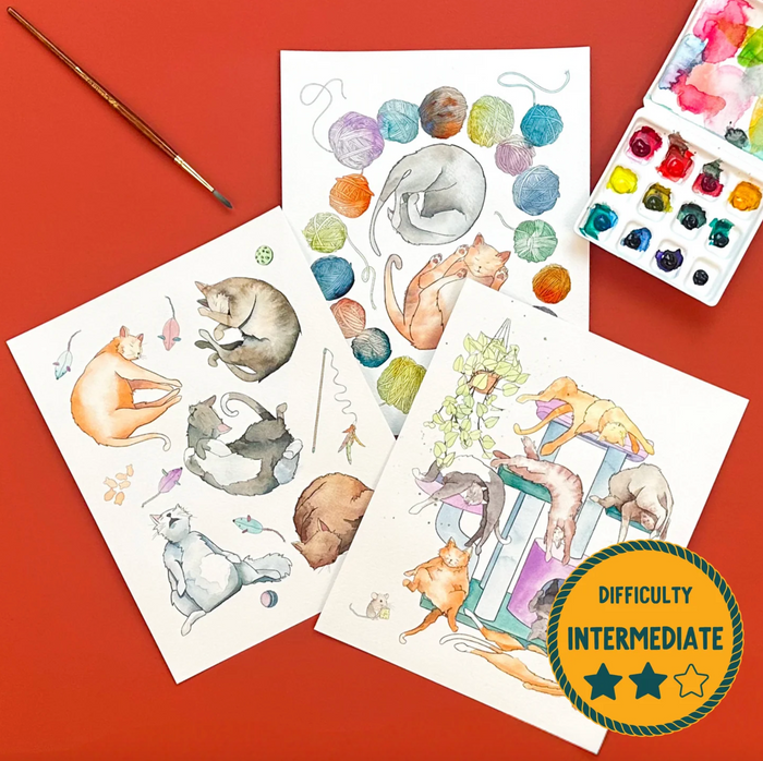 Artistic illustrations of animals on paper with a paintbrush and watercolor set on a red background.