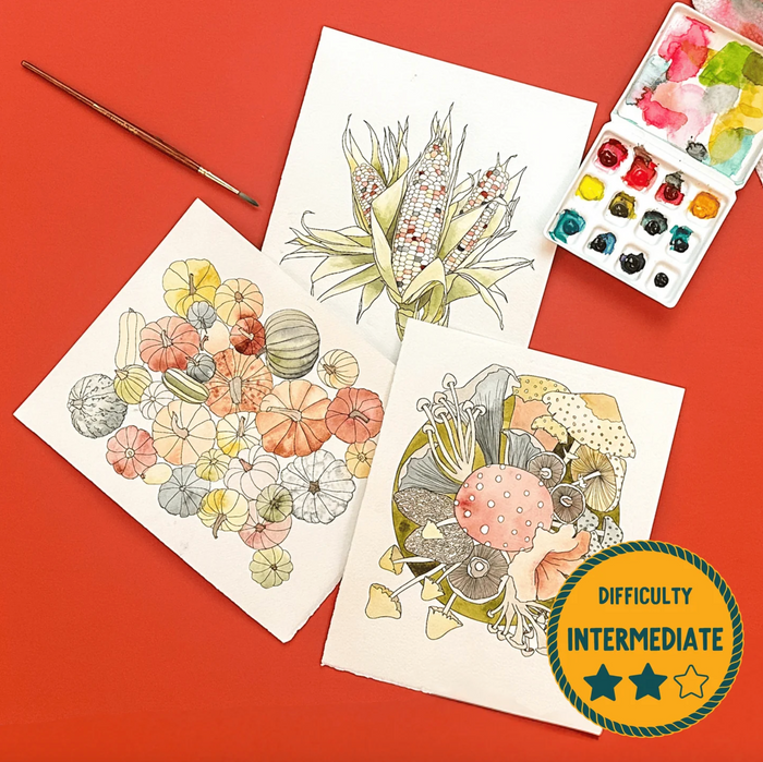 Three illustrated paintings with fall themed designs on a red background, accompanied by watercolor paints and a brush.