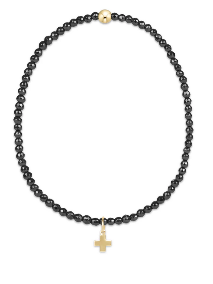 E NEWTON FACETED HEMATITE 2MM BEAD BRACELET - SIGNATURE CROSS GOLD CHARM