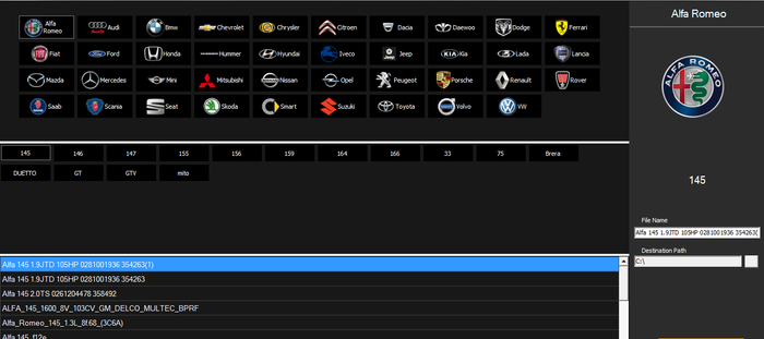 ECU Data software interface showing car brand selection and model details.