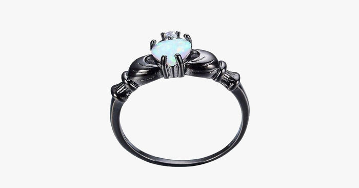 Elegant Rainbow Opal Heart Black Gold Filled Solitaire Ring