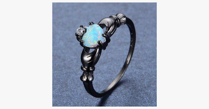 Elegant Rainbow Opal Heart Black Gold Filled Solitaire Ring