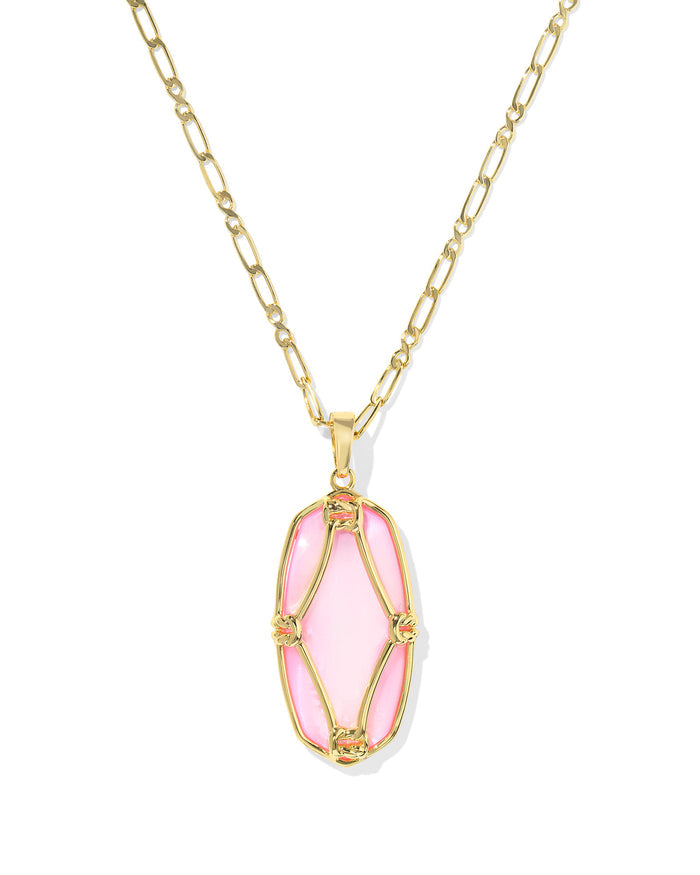 Elle Lattice Frame Gold Large Long Pendant Necklace, Blush Ivory Mother of Pearl