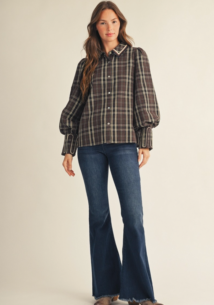 EMBROIDERY ACCENT BUTTON DOWN PLAID TOP