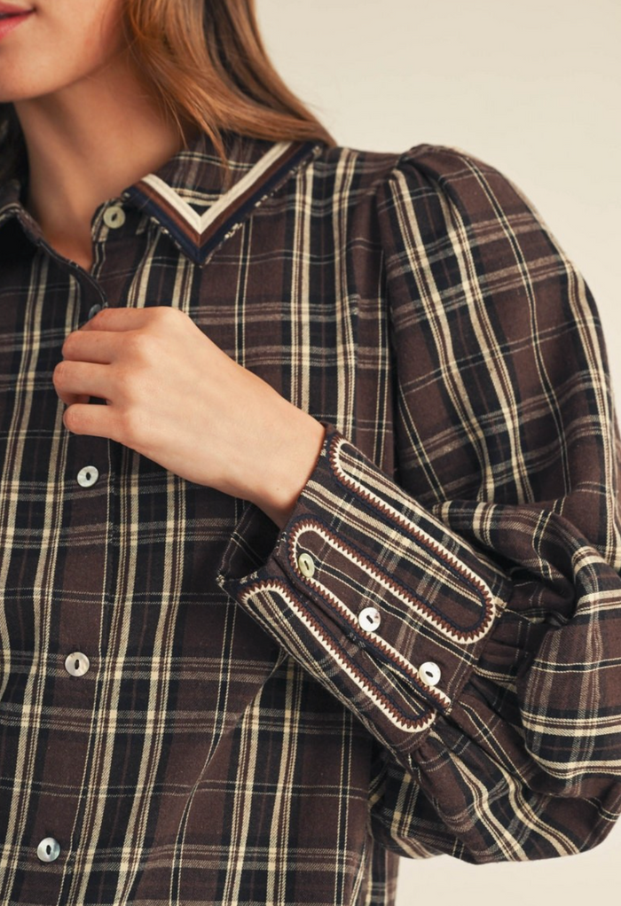 EMBROIDERY ACCENT BUTTON DOWN PLAID TOP
