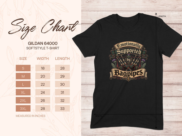 Size chart for Gildan 64000 softstyle t-shirt with bagpipe graphic.