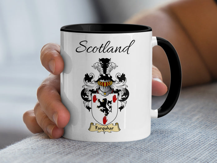 Farquhar Scottish family crest accent mug with Scotland above the coat of arms design