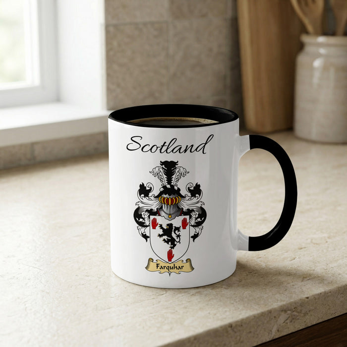 Farquhar Scottish family crest accent mug with Scotland lettering and coat of arms artwork
