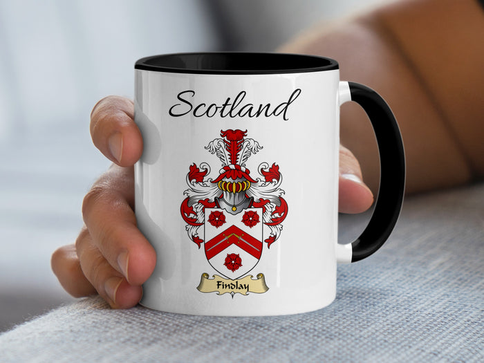 Findlay Scottish family crest accent mug with Scotland above the coat of arms design