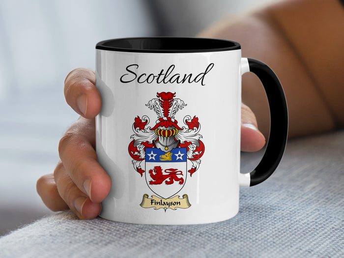 Finlayson Scottish family crest accent mug with Scotland above the coat of arms design