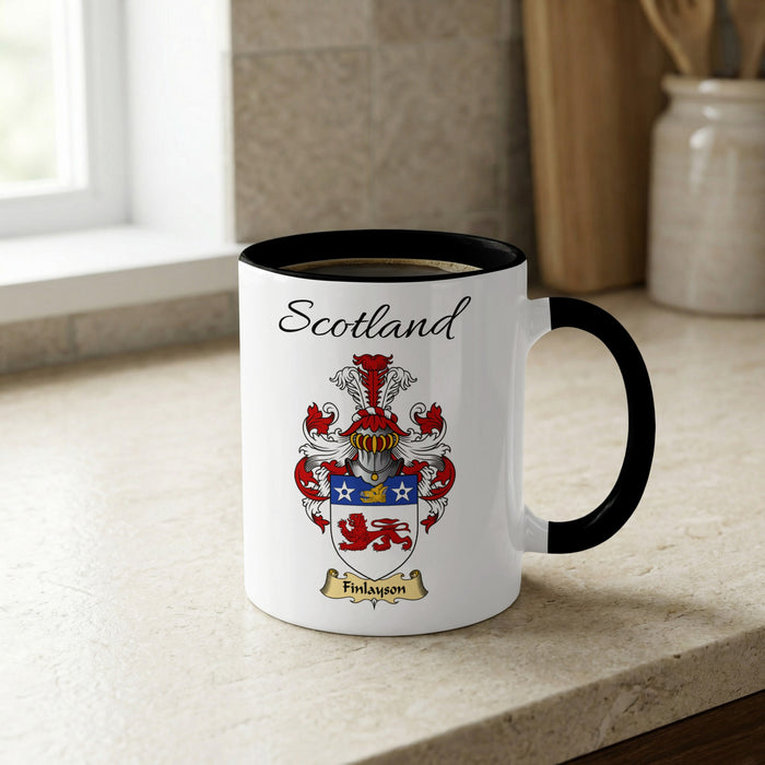 Finlayson Scottish family crest accent mug with Scotland lettering and coat of arms artwork