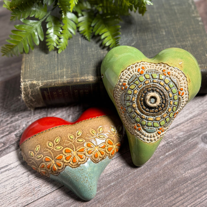 Flower Girl Small Ceramic Heart Wall Plaque by Laurie Pollpeter Eskenazi, Green, Handmade American Pottery