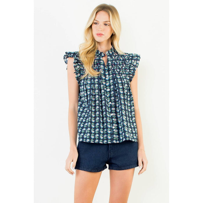 FLUTTER SLEEVE BUTTON TOP - NAVY