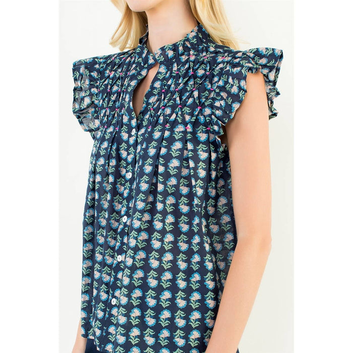 FLUTTER SLEEVE BUTTON TOP - NAVY