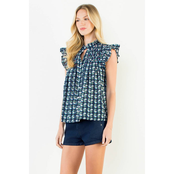 FLUTTER SLEEVE BUTTON TOP - NAVY