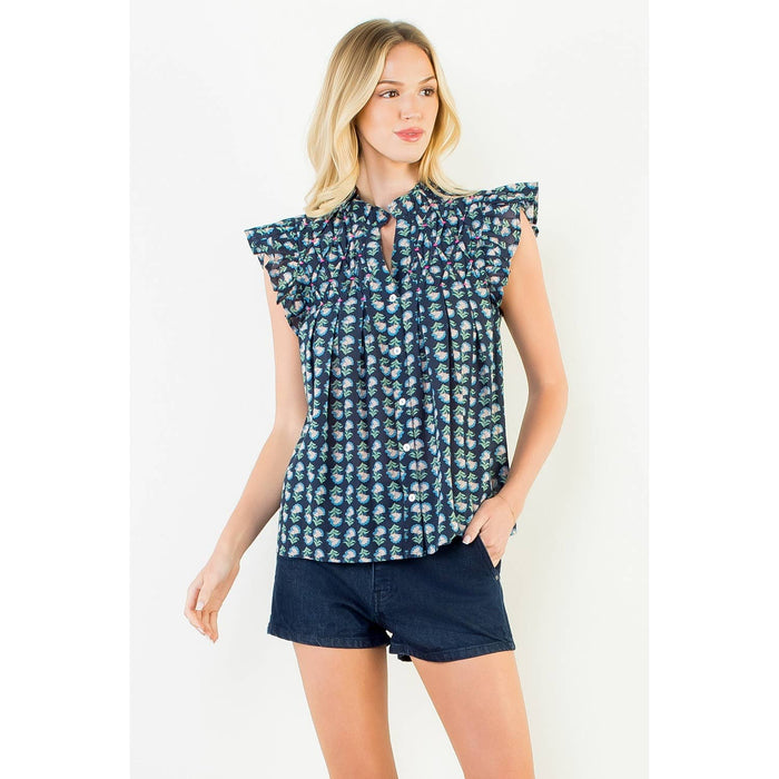 FLUTTER SLEEVE BUTTON TOP - NAVY