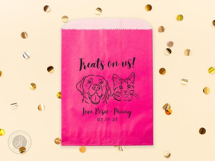 Foiled Party Snack Bag #14 - Treats On Us - Custom Pet Illustration - Treat Bags, Party Bags, Wedding Favor, Party Favor, Custom Paper Bags