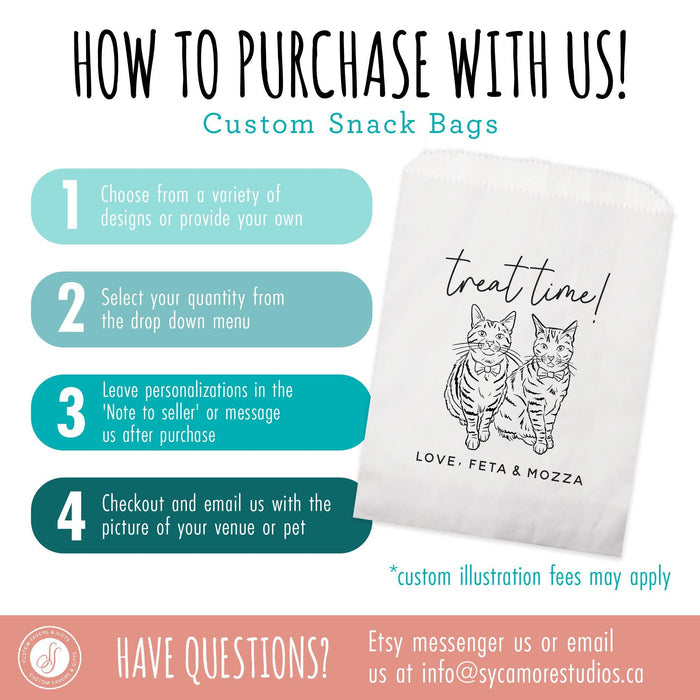 Foiled Party Snack Bag #14 - Treats On Us - Custom Pet Illustration - Treat Bags, Party Bags, Wedding Favor, Party Favor, Custom Paper Bags