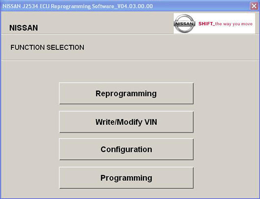 Nissan J2534 ECU Reprogramming Software interface showing reprogramming, VIN modification, configuration, and programming options.