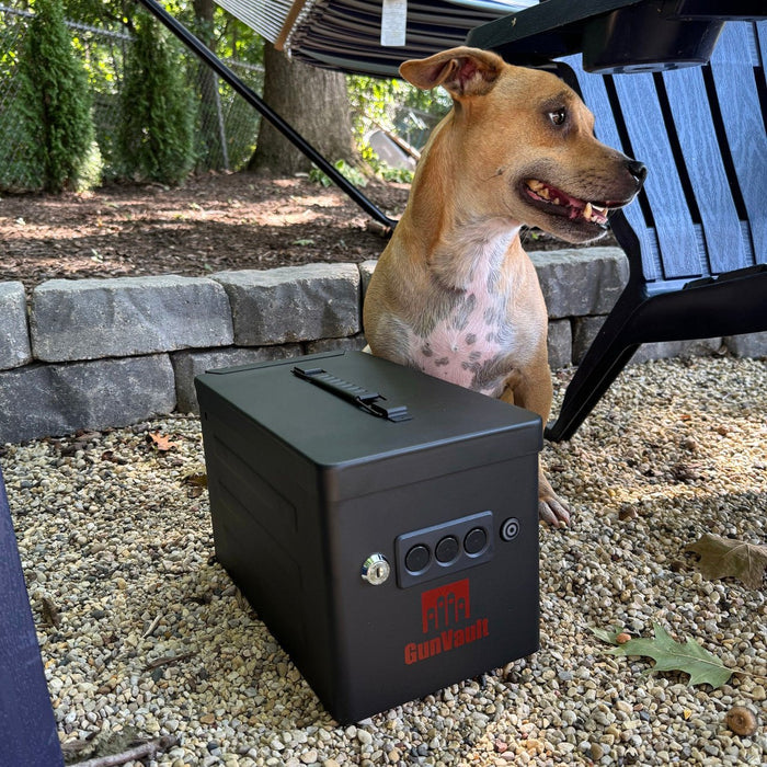 GunVault GVRV100BK22 Range Vault Handgun Safe On Ground next to dog and chair