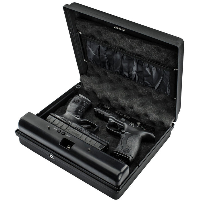 GunVault MV1050-19 MicroVault XL Quick Access Handgun Safe Door Open with Two Handguns