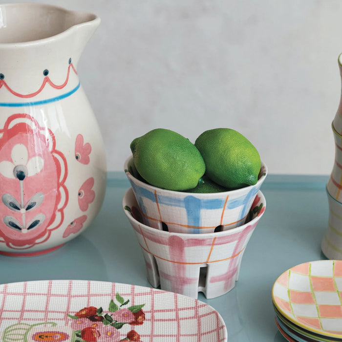 Hand-Painted Stoneware Berry Bowl, Floral and Plaid Patterns, Set of 2 Styles