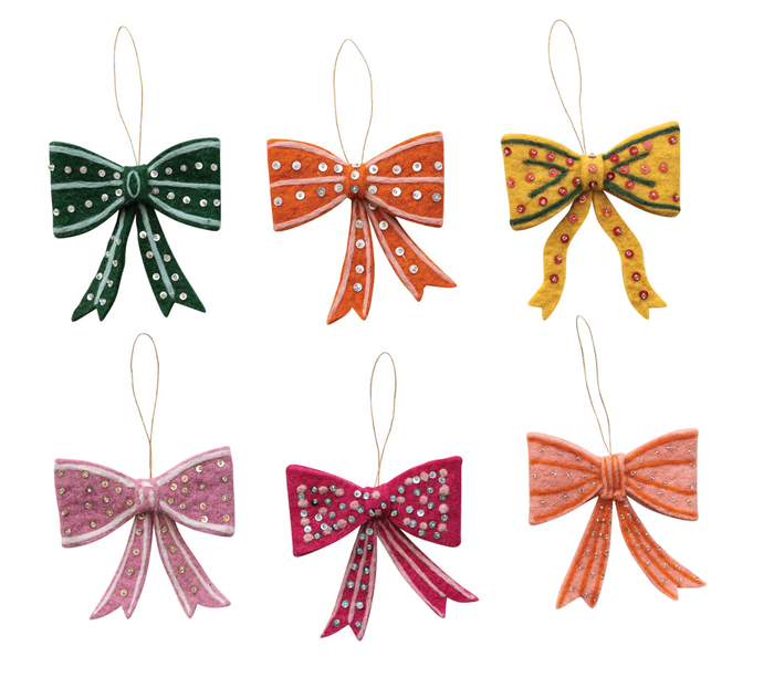 HANDMADE WOOL FELT BOW ORNAMENT WITH EMBROIDERY, SEQUINS & BEADS - 6 STYLES