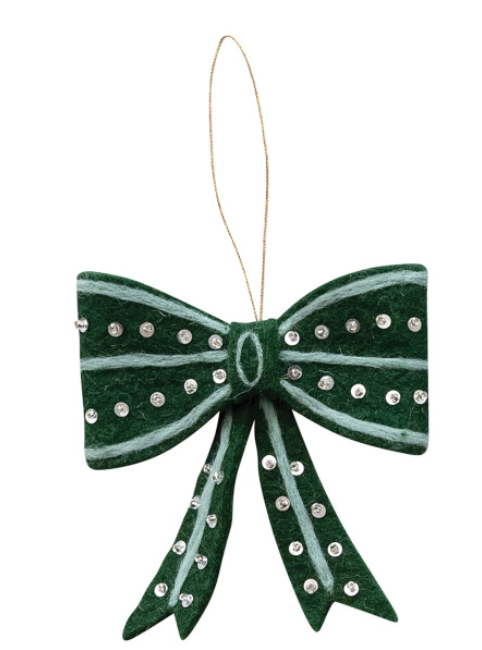 HANDMADE WOOL FELT BOW ORNAMENT WITH EMBROIDERY, SEQUINS & BEADS - 6 STYLES