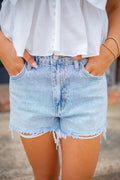 High Rise Embellished Denim Short, Light Blue