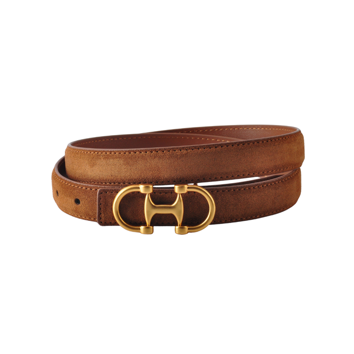 HORSEBIT BUCKLE EQUESTRIAN STITCHED SUEDE/NAPA LEATHER BELT - CARAMEL
