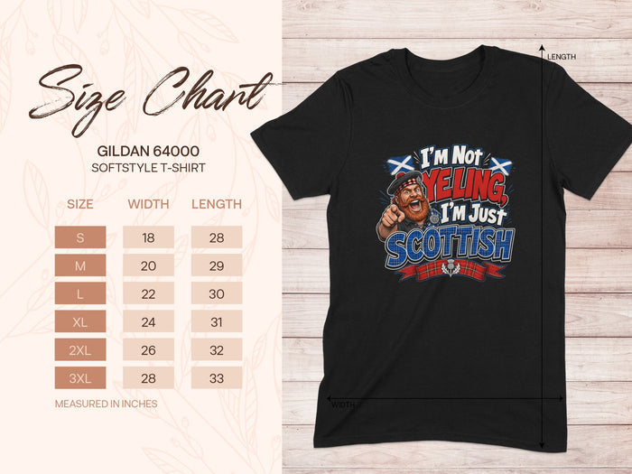 Gildan 64000 size chart for Softstyle t-shirt with width and length measurements.