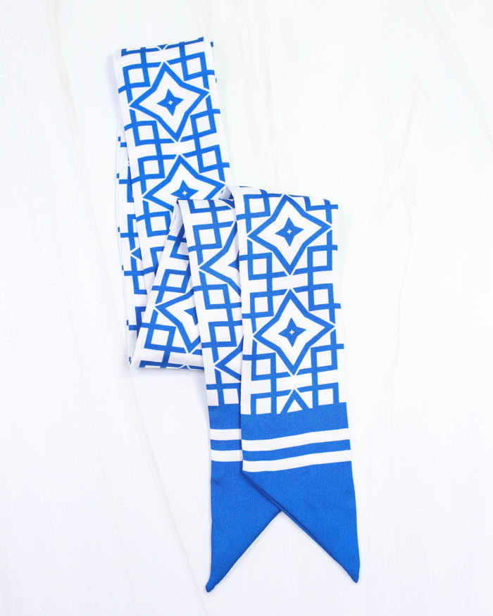 LANGSTON GEOMETRIC SKINNY SCARF - BLUE WHITE