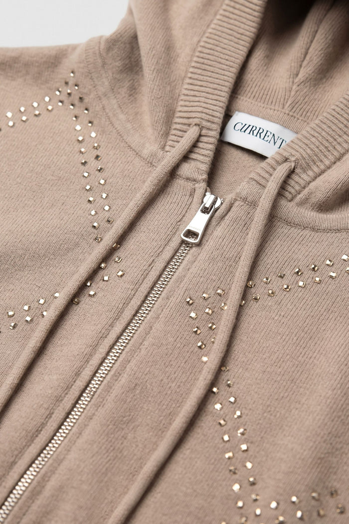 LONG SLEEVE ZIP-UP CROPPED KNIT HOODIE WITH RHINESTONES