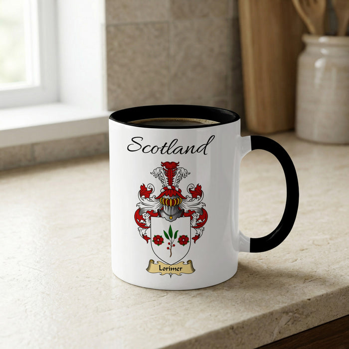 Lorimer Scottish family crest accent mug with Scotland lettering and coat of arms artwork