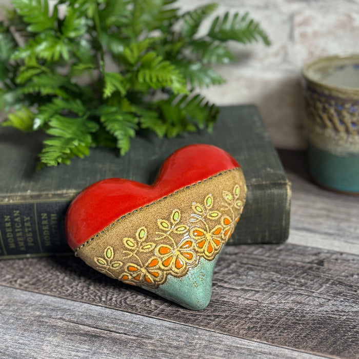 Lydia Small Ceramic Heart Wall Plaque by Laurie Pollpeter Eskenazi, Red/Multi, Handmade American Pottery