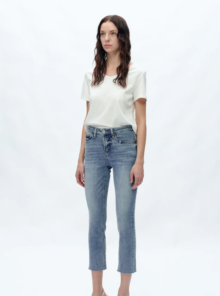Mid Rise Skinny Denim Jeans Ankle Raw Hem, Indigo