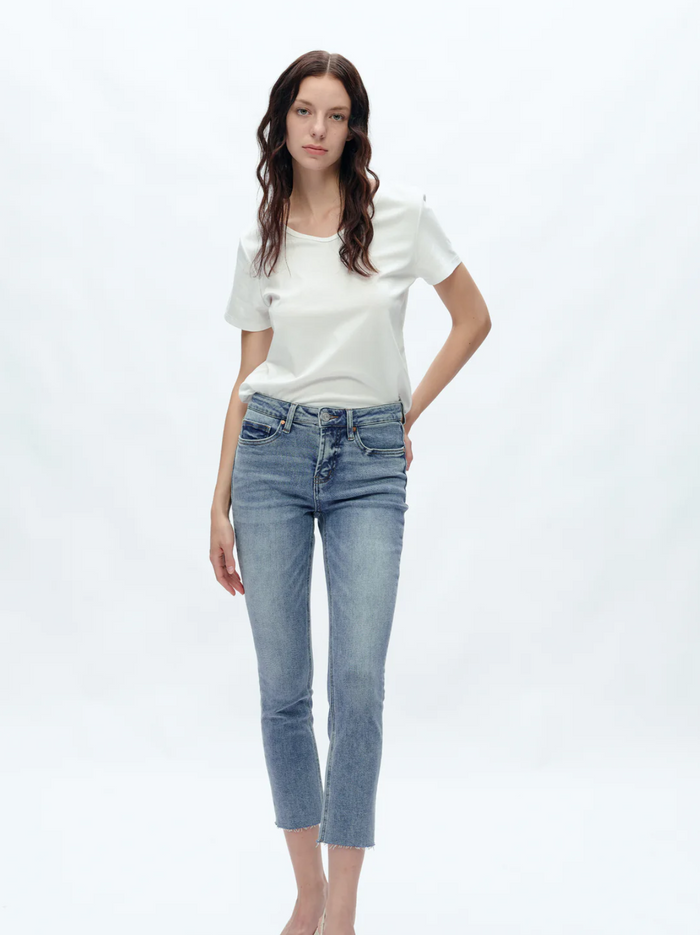 Mid Rise Skinny Denim Jeans Ankle Raw Hem, Indigo