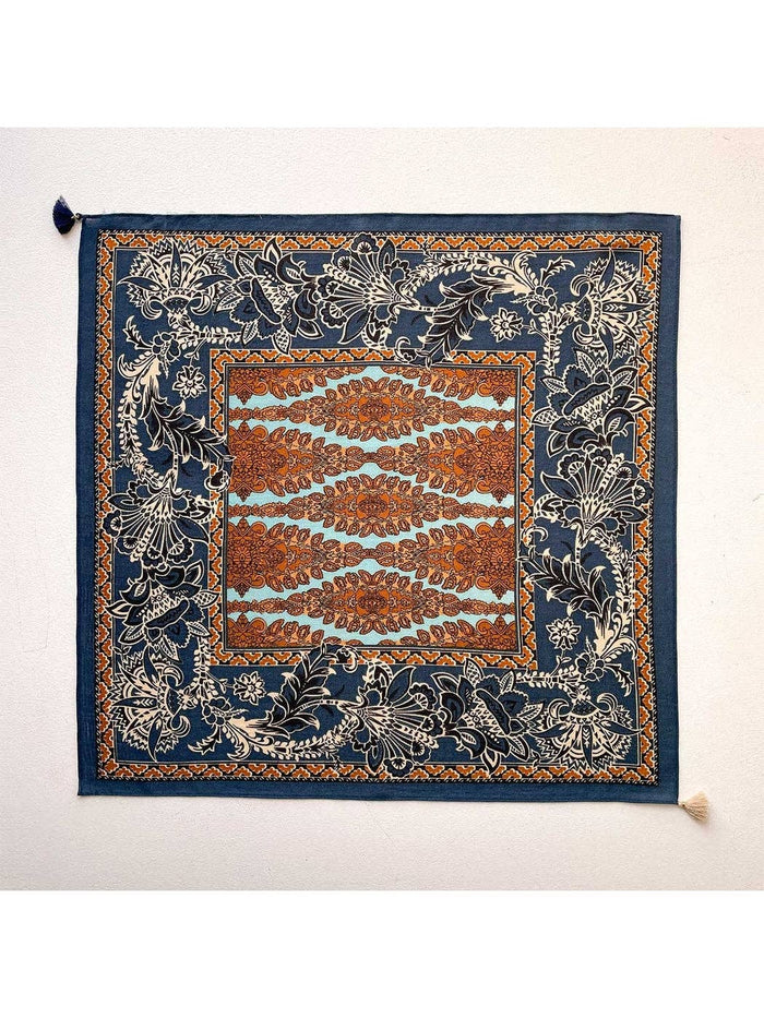 NAVY RETRO FLORAL PRINT TASSEL SQUARE SCARF - NAVY