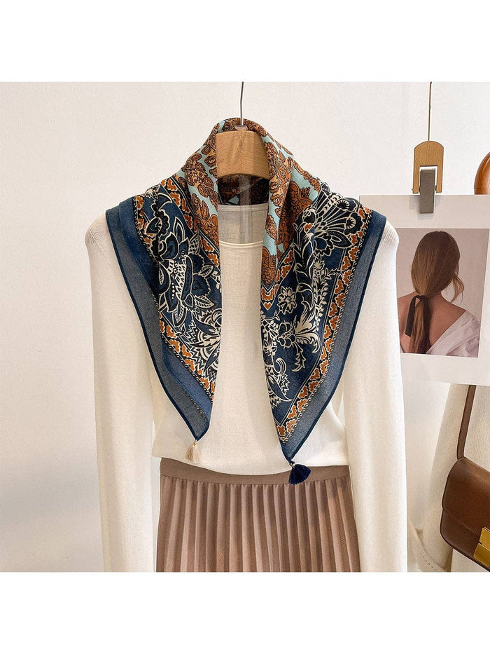 NAVY RETRO FLORAL PRINT TASSEL SQUARE SCARF - NAVY