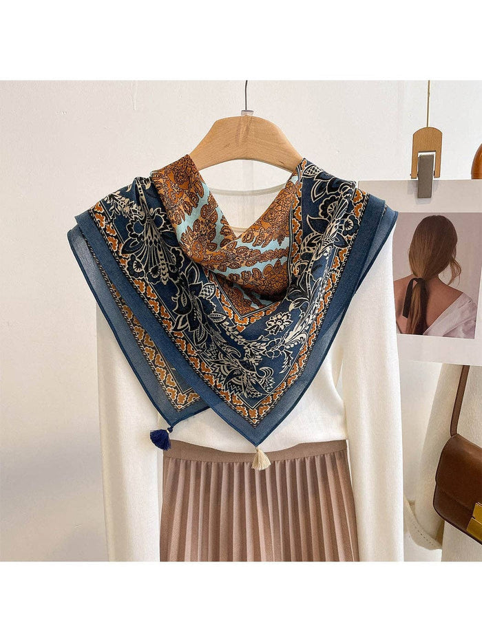 NAVY RETRO FLORAL PRINT TASSEL SQUARE SCARF - NAVY