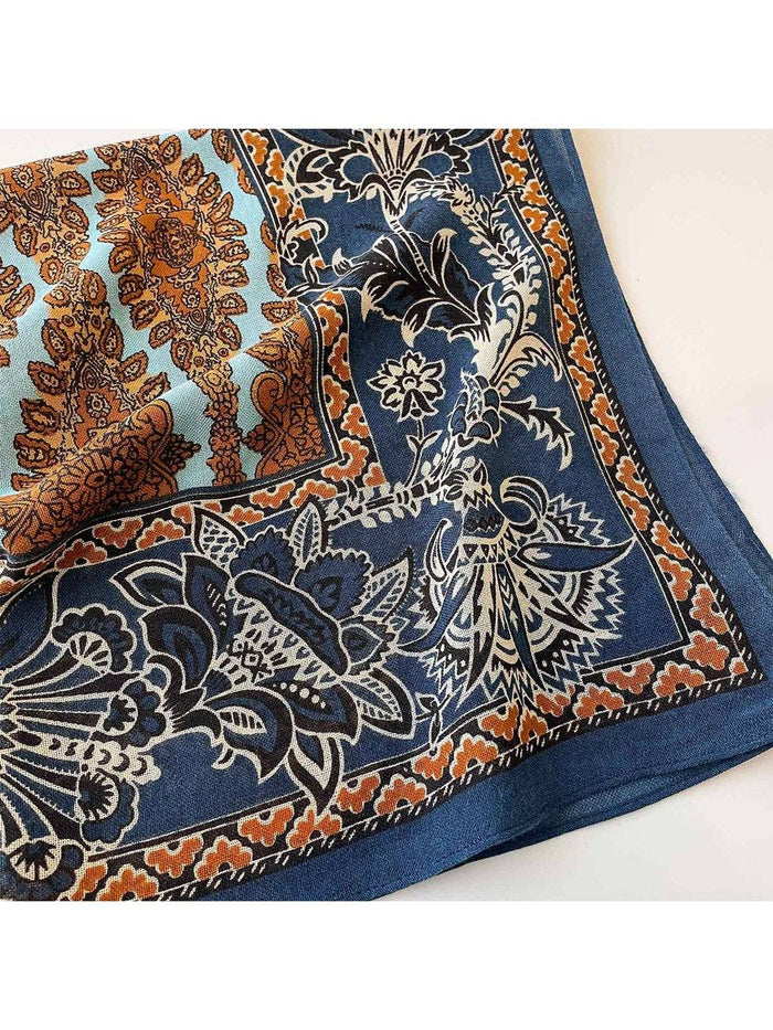 NAVY RETRO FLORAL PRINT TASSEL SQUARE SCARF - NAVY