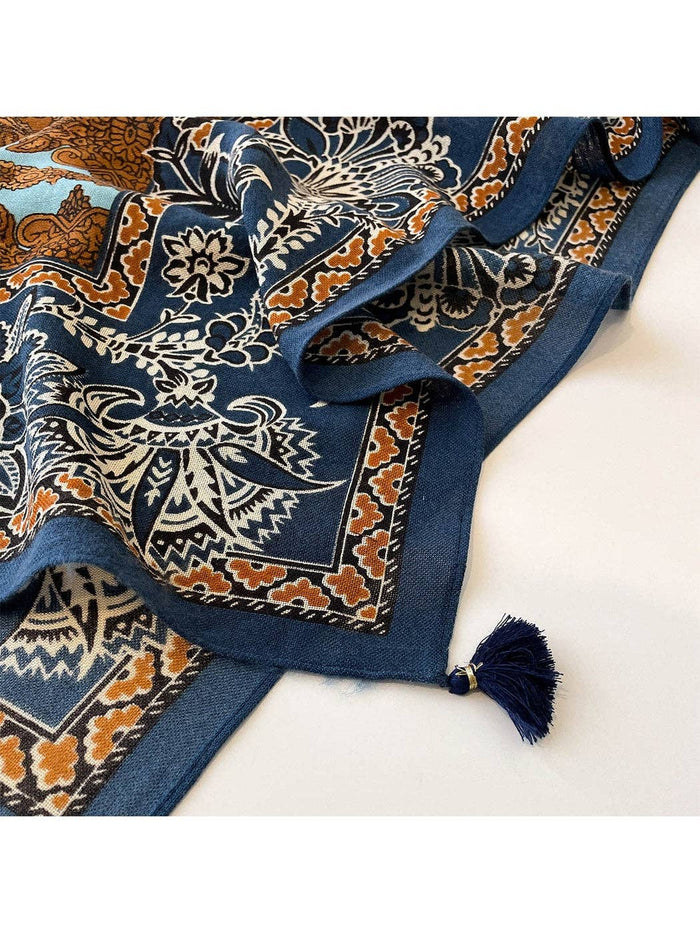 NAVY RETRO FLORAL PRINT TASSEL SQUARE SCARF - NAVY