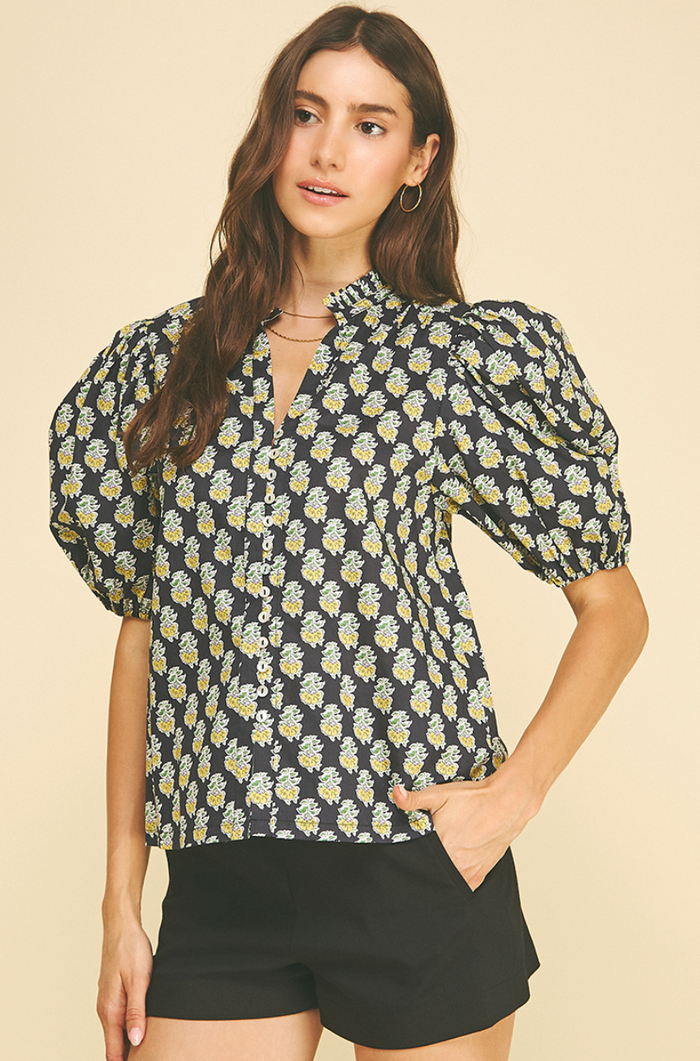 PAISLEY PRINT V-NECK TOP - YELLOW FLORAL
