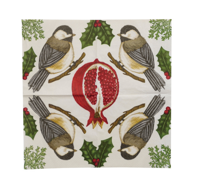 PAPER COCKTAIL NAPKINS WITH SEASONAL BOTANICALS & BIRD