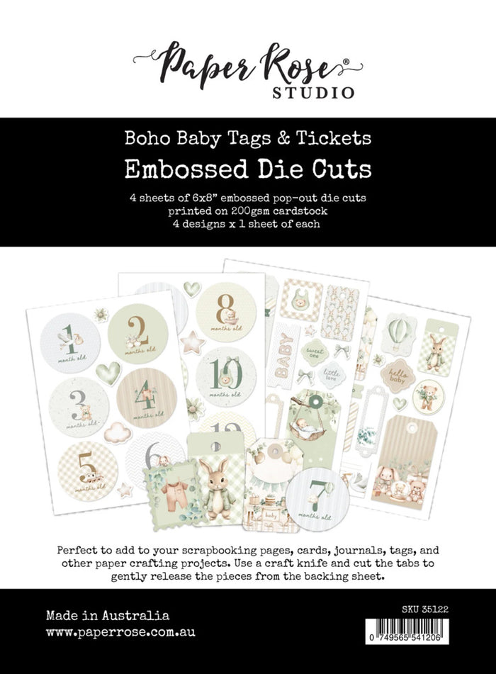 Paper Rose, Embossed Die Cuts, Boho Baby Tags & Tickets