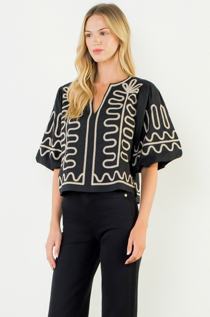 PUFF SLEEVE EMBROIDERY TOP